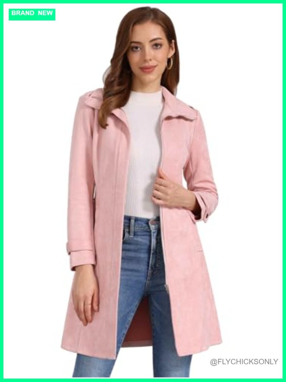 Faux Suede Trench Coat Belted Zipper Long Overcoat Regular Fit